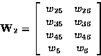 \begin{displaymath}
{\bf W}_2 = 
\left[
\begin{array}
{cc}
w_{25} & w_{26} \\  
...
 ... \\  
w_{45} & w_{46} \\  
w_{5} & w_{6} \\  \end{array}\right]\end{displaymath}